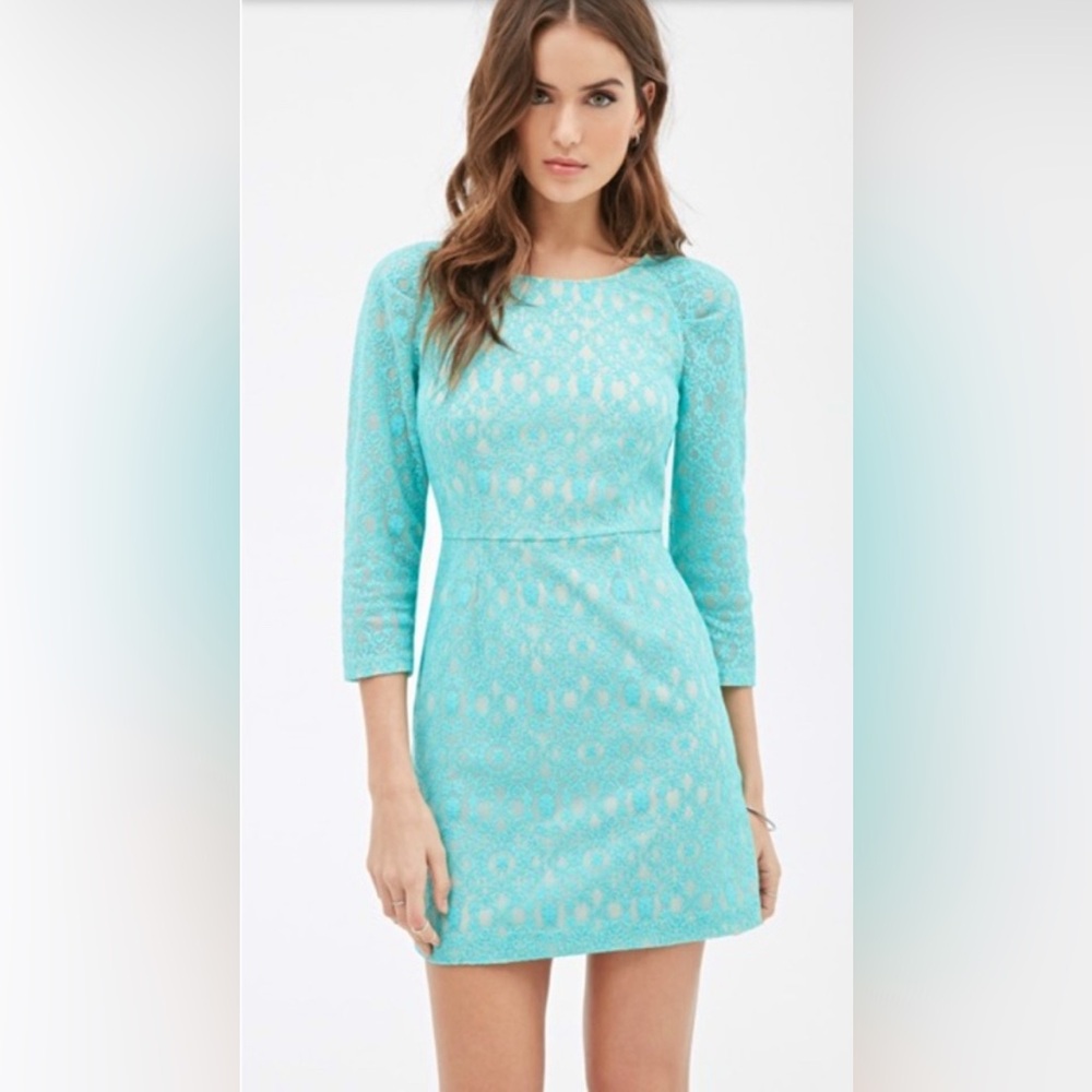Forever21 romantic teal floral lace mini dress, 3/4 sleeves, defined waist, LG